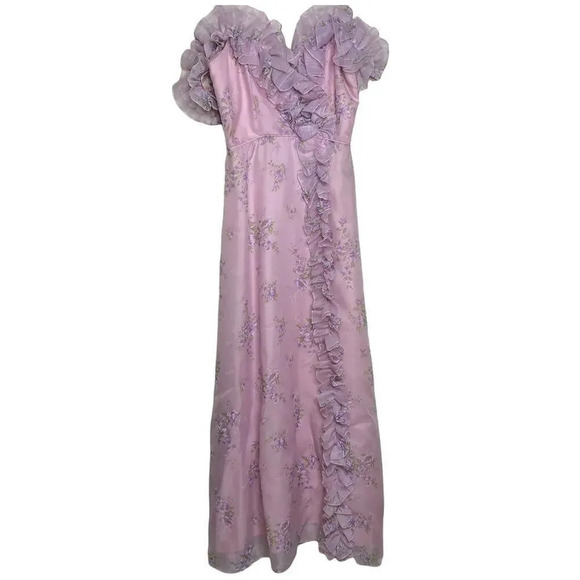 Vintage Purple Ruffled Chiffon Off the Shoulders‎ Prom Gown Small - Picture 2 of 9